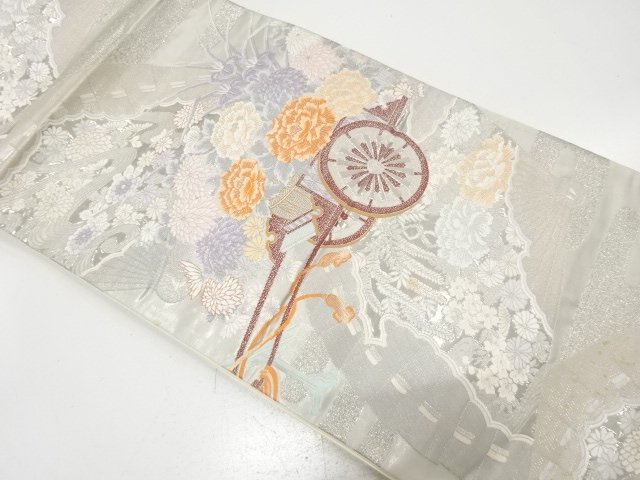JAPANESE KIMONO / ANTIQUE FUKURO OBI / SILK / PLATINUM FOIL / WOVEN FLORAL CART & FOLDING FAN